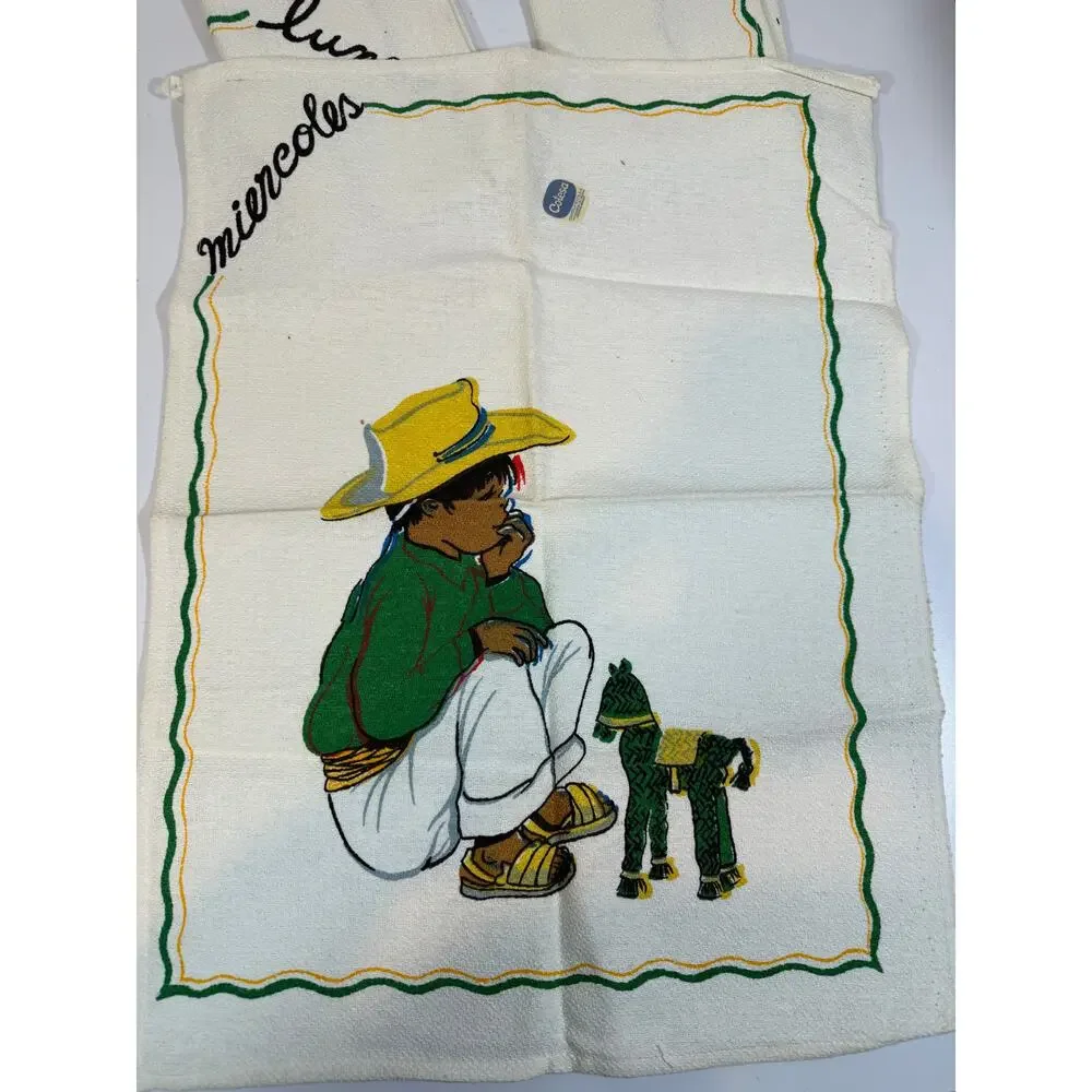 Vintage MCM Spanish Print Cotesa Tea Towels days of the week NO DOMINGO